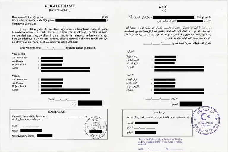 Turkish power of attorney for Kuwait embassy legalization — bilingual Turkish-Arabic vekaletname with notary seal and embassy stamp